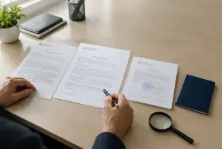 Documents administratifs grecs et leur traduction allemande comparés sur un bureau professionnel par une personne, avec un tampon officiel flou et un passeport fermé.